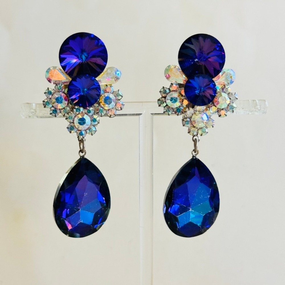 VTG Runway Purple Austrian Crystal Earrings Dangle Rivoli Rhinestone Clip Flashy
